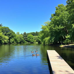 A serene landscape featuring a calm lake surrounded by lush green trees under a clear blue sky