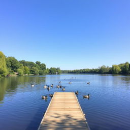 A serene landscape featuring a calm lake surrounded by lush green trees under a clear blue sky