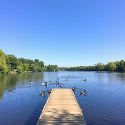 A serene landscape featuring a calm lake surrounded by lush green trees under a clear blue sky