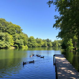 A serene landscape featuring a calm lake surrounded by lush green trees under a clear blue sky