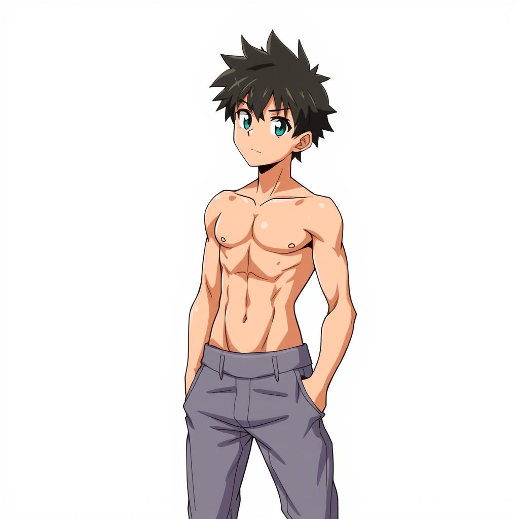 A young anime guy with a toned physique, wearing only pants