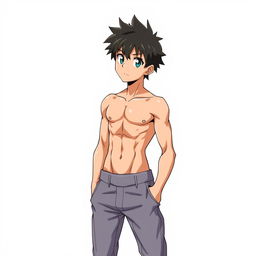 A young anime guy with a toned physique, wearing only pants