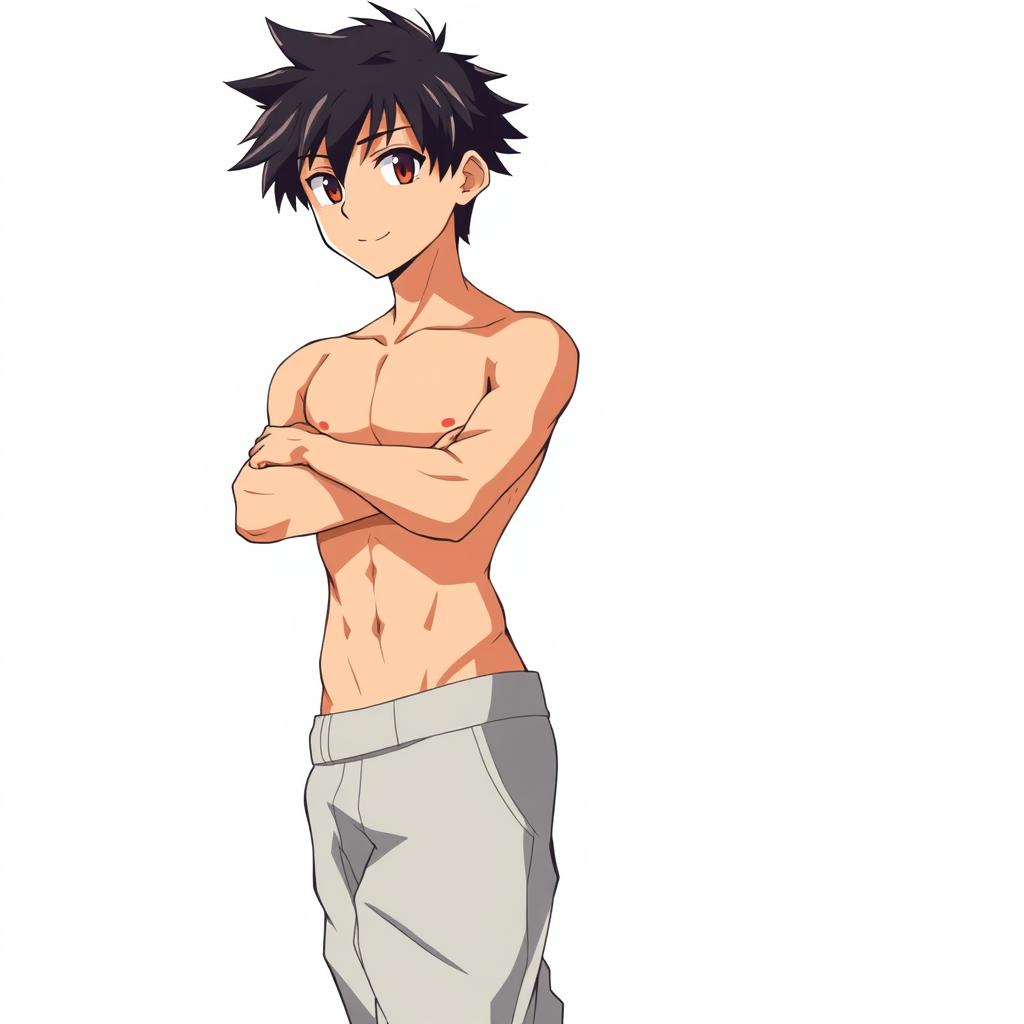 A young anime guy with a toned physique, wearing only pants