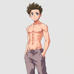 A young anime guy with a toned physique, wearing only pants