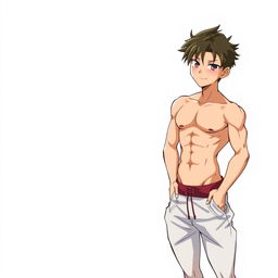 A young anime guy with a toned physique, wearing only pants