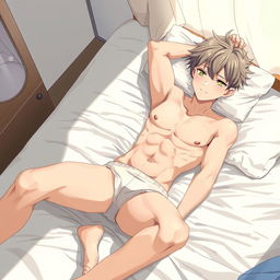 A detailed illustration of an anime guy wearing only underwear, lying on a bed