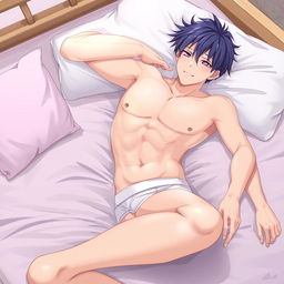 A detailed illustration of an anime guy wearing only underwear, lying on a bed