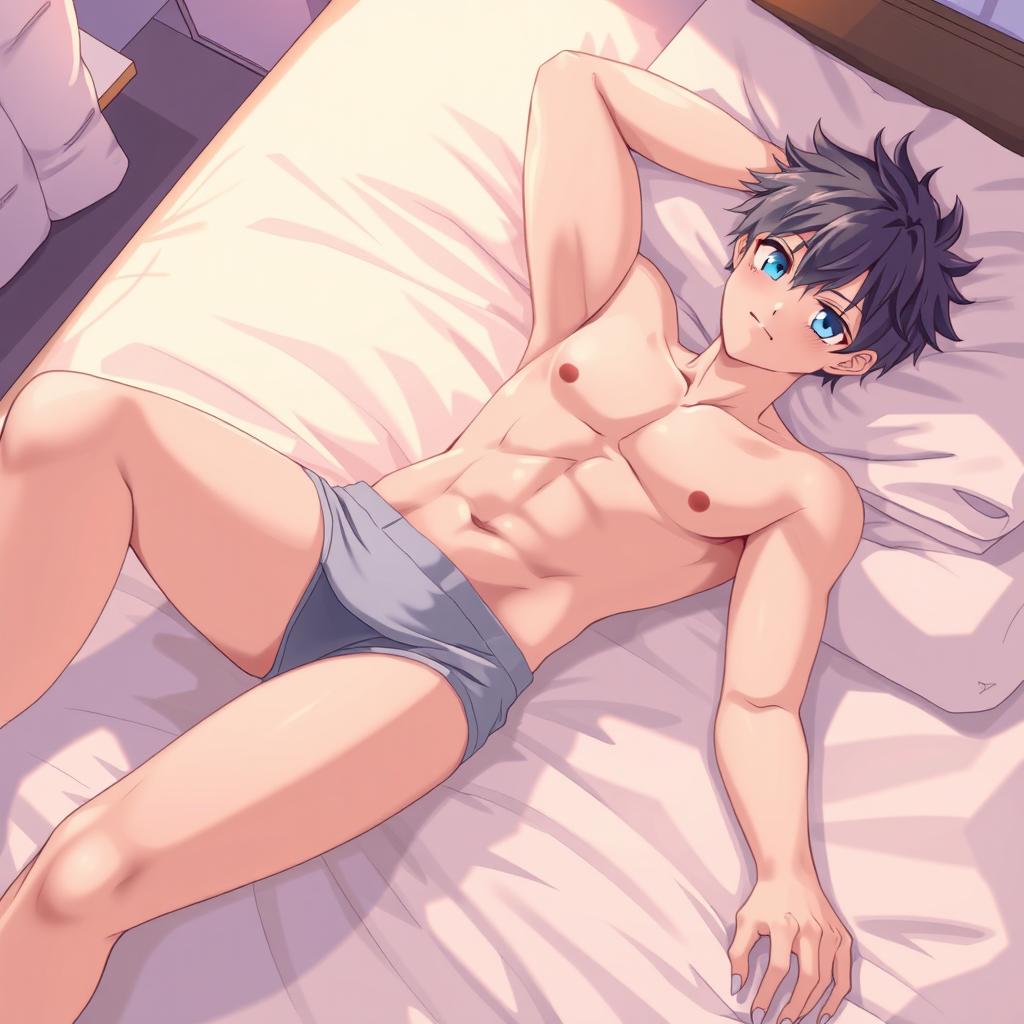 A detailed illustration of an anime guy wearing only underwear, lying on a bed