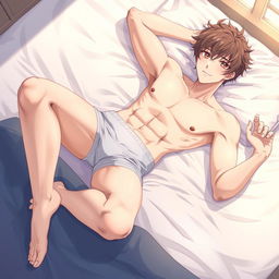 A detailed illustration of an anime guy wearing only underwear, lying on a bed