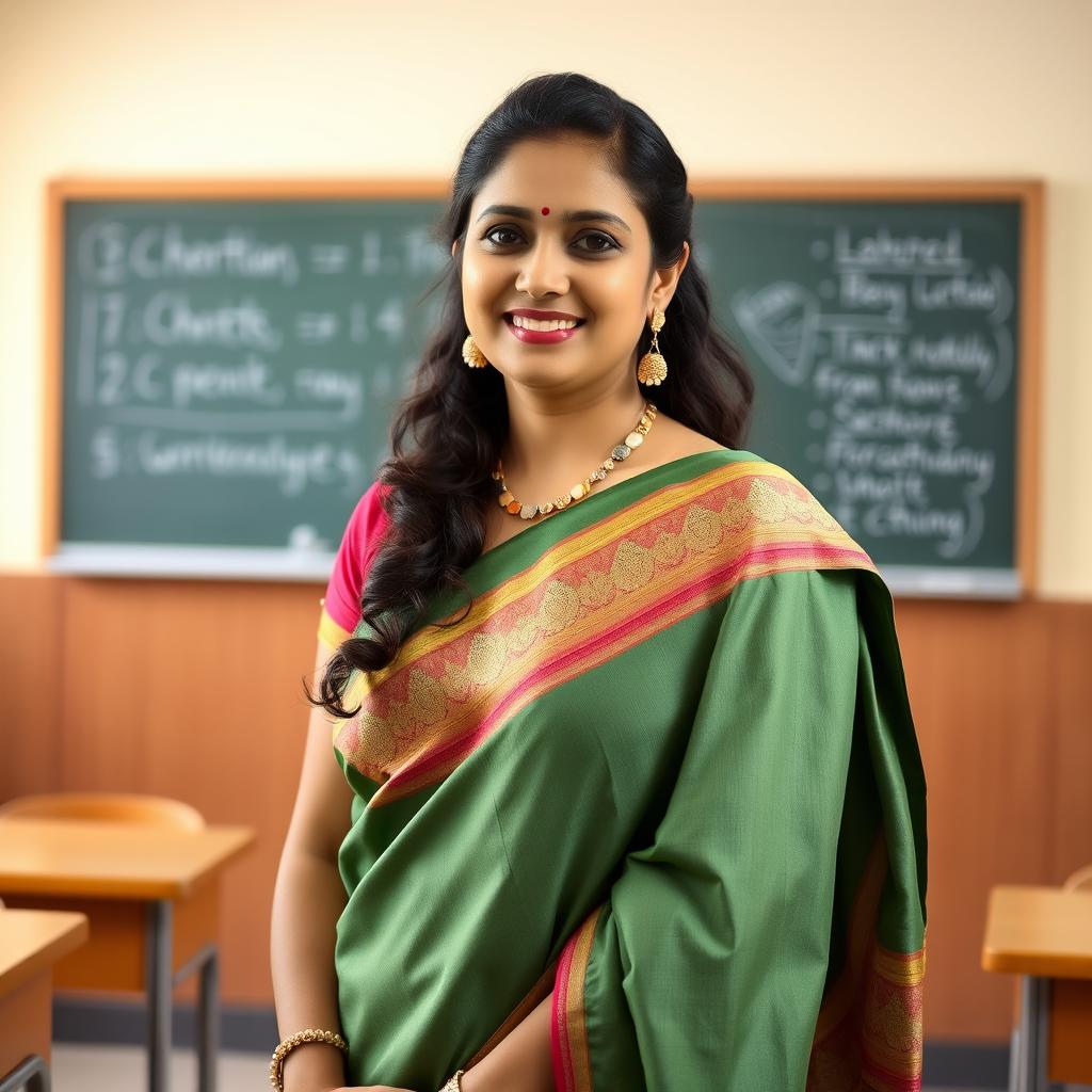 A 35-year-old beautiful and pretty Indian mature teacher wearing a traditional saree, standing in a classroom setting