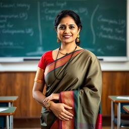 A 35-year-old beautiful and pretty Indian mature teacher wearing a traditional saree, standing in a classroom setting