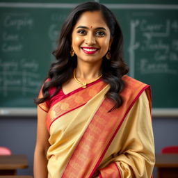 A 35-year-old beautiful and pretty Indian mature teacher wearing a traditional saree, standing in a classroom setting