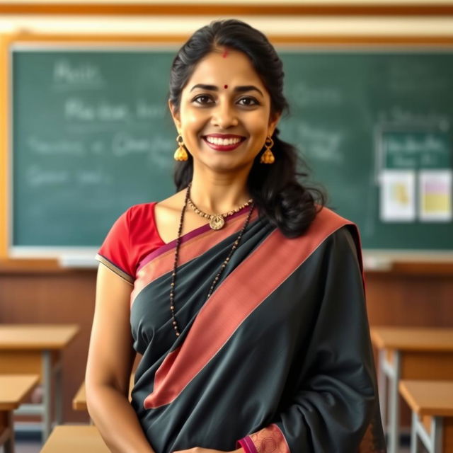 A 35-year-old beautiful and pretty Indian mature teacher wearing a traditional saree, standing in a classroom setting