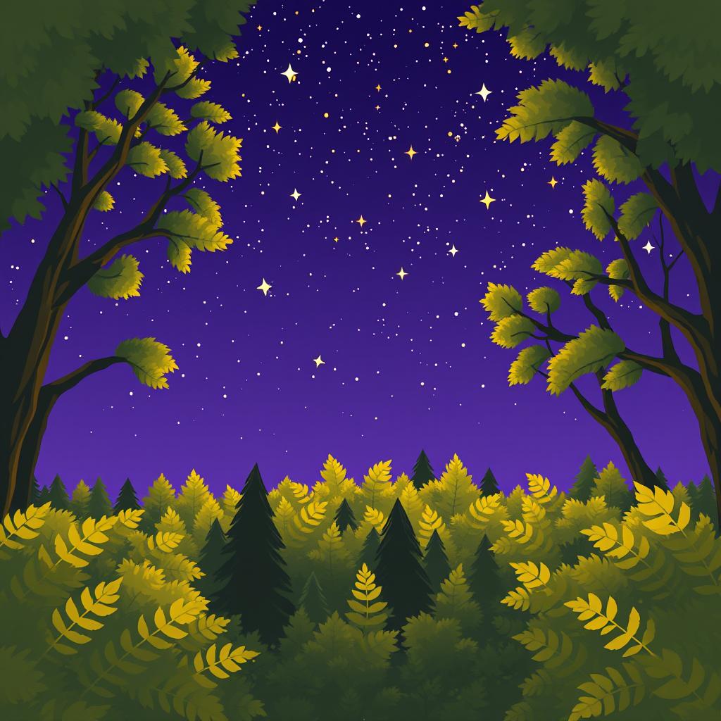 A plain color-block, cartoony book cover design featuring a starry sky as seen from the bottom of an overgrown forest