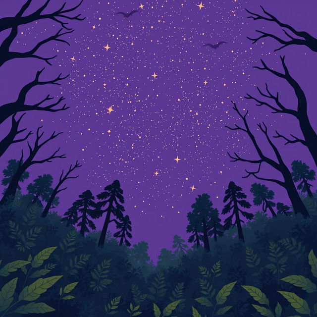 A plain color-block, cartoony book cover design featuring a starry sky as seen from the bottom of an overgrown forest