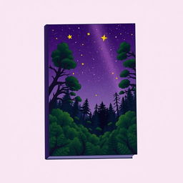 A plain color-block, cartoony book cover design featuring a starry sky as seen from the bottom of an overgrown forest