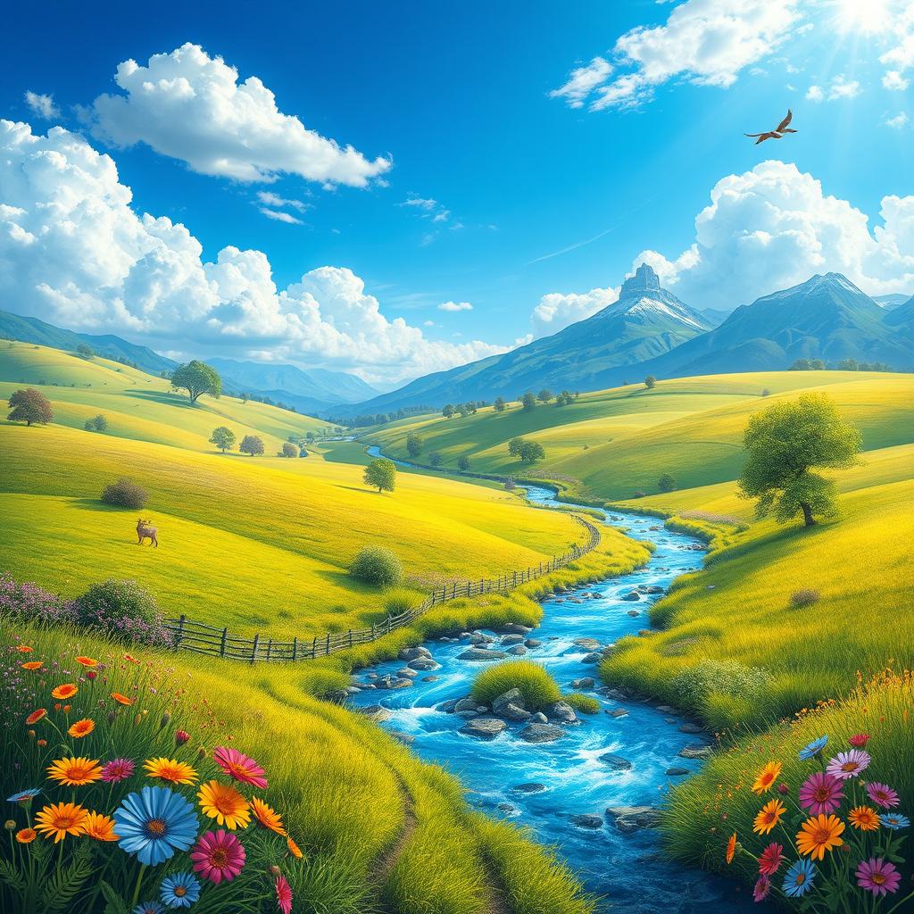 Create a vibrant and detailed image featuring a serene landscape with a clear blue sky, lush green fields, and a sparkling river flowing through the scene