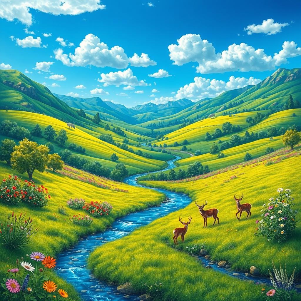 Create a vibrant and detailed image featuring a serene landscape with a clear blue sky, lush green fields, and a sparkling river flowing through the scene