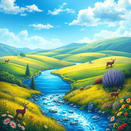 Create a vibrant and detailed image featuring a serene landscape with a clear blue sky, lush green fields, and a sparkling river flowing through the scene