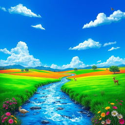 Create a vibrant and detailed image featuring a serene landscape with a clear blue sky, lush green fields, and a sparkling river flowing through the scene