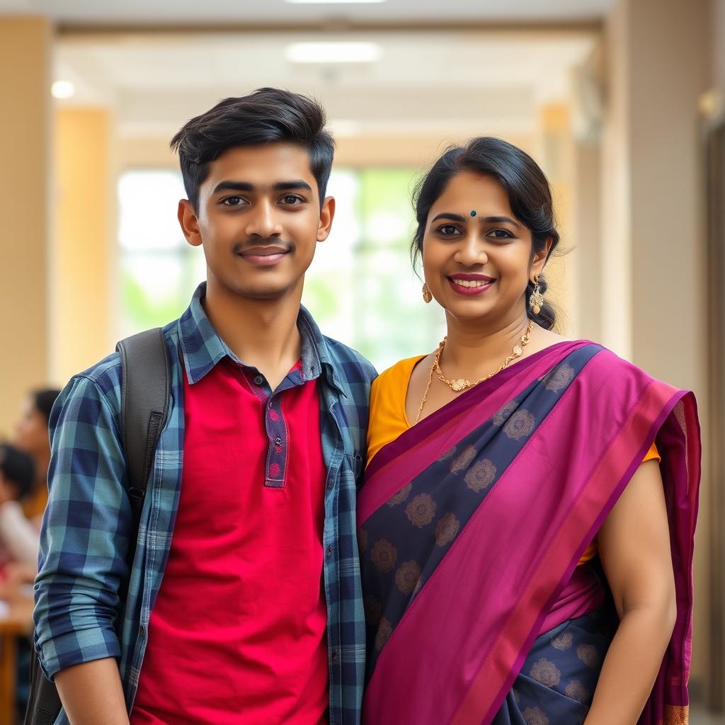 A natural photo of a 20-year-old handsome, slightly muscular Indian college boy and a 35-year-old beautiful and pretty, but mature Indian teacher