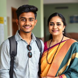 A natural photo of a 20-year-old handsome, slightly muscular Indian college boy and a 35-year-old beautiful and pretty, but mature Indian teacher