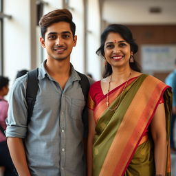 A natural photo of a 20-year-old handsome, slightly muscular Indian college boy and a 35-year-old beautiful and pretty, but mature Indian teacher