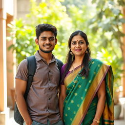 A natural photo of a 20-year-old handsome, slightly muscular Indian college boy and a 35-year-old beautiful and pretty, but mature Indian teacher