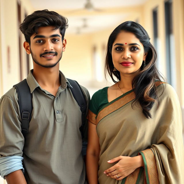 A natural photo of a 20-year-old handsome, slightly muscular Indian college boy and a 35-year-old beautiful and pretty, but mature Indian teacher