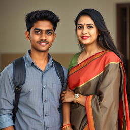 A natural photo of a 20-year-old handsome, slightly muscular Indian college boy and a 35-year-old beautiful and pretty, but mature Indian teacher