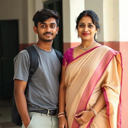 A natural photo of a 20-year-old handsome, slightly muscular Indian college boy and a 35-year-old beautiful and pretty, but mature Indian teacher