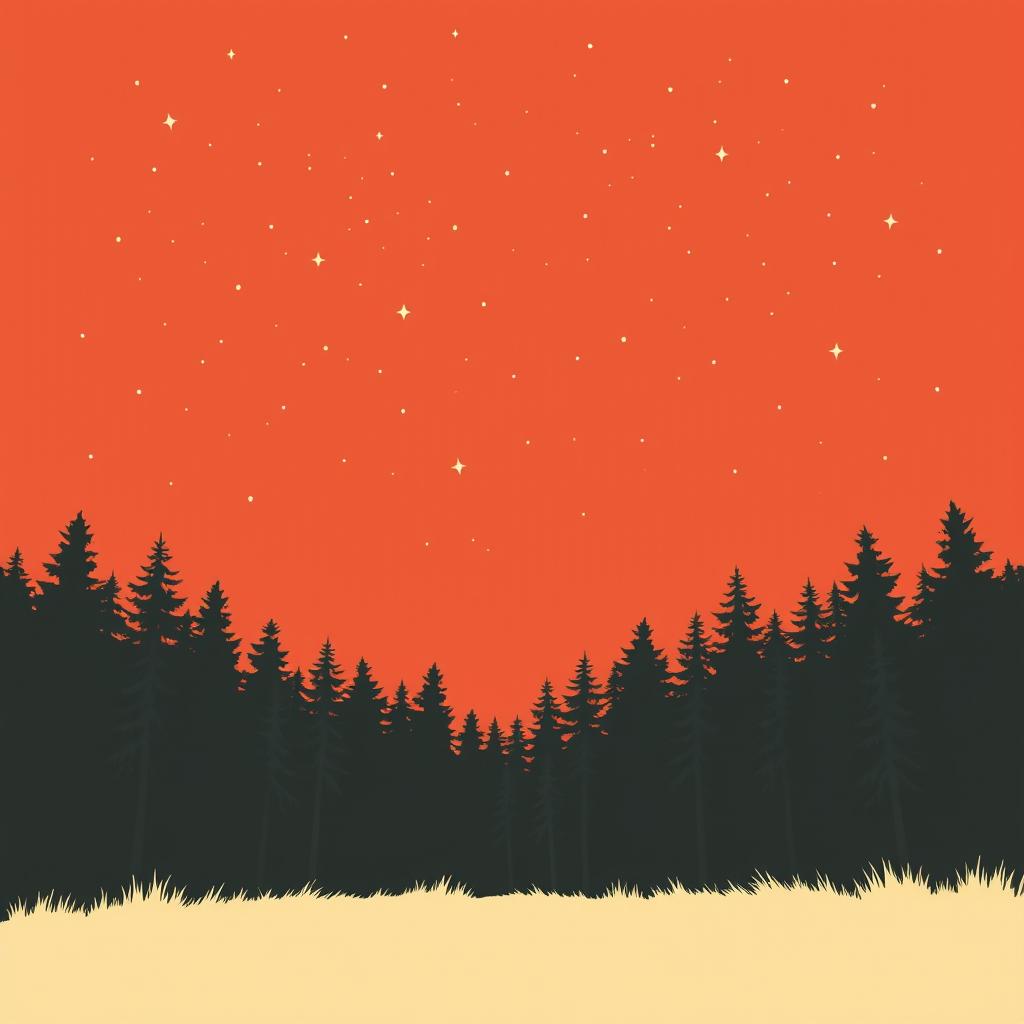 A plain color-block, retro book cover design featuring a starry sky as seen from the bottom of an overgrown forest