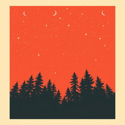 A plain color-block, retro book cover design featuring a starry sky as seen from the bottom of an overgrown forest