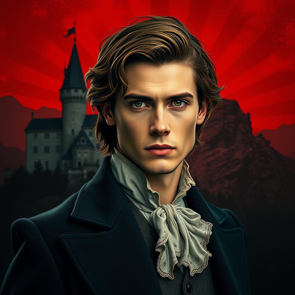 A handsome man with brown hair and green eyes looking forward, wearing an old-fashioned suit with a castle and mountains in the background