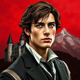 A handsome man with brown hair and green eyes looking forward, wearing an old-fashioned suit with a castle and mountains in the background