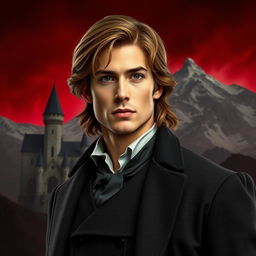 A handsome man with brown hair and green eyes looking forward, wearing an old-fashioned suit with a castle and mountains in the background