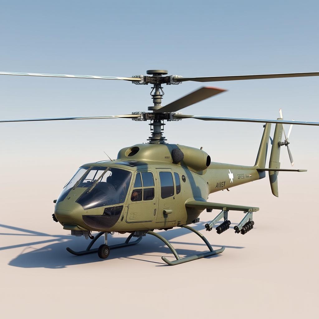 Create a detailed image of a cost-effective, multi-role helicopter inspired by the Huey, featuring counter-rotating blades