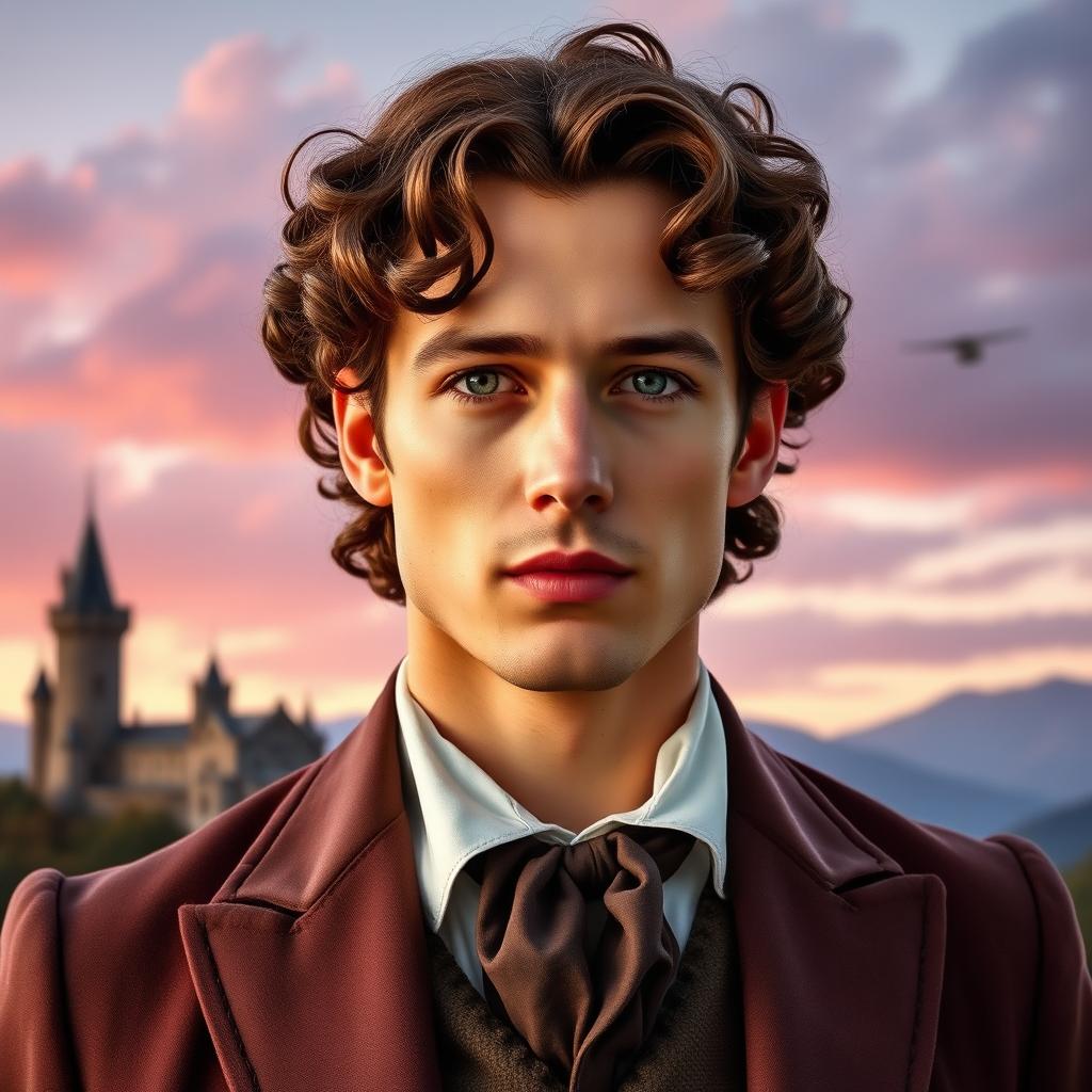 A handsome man wearing an antique suit with curly brown hair and green eyes, looking straight ahead