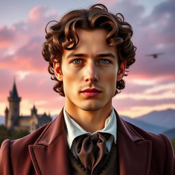 A handsome man wearing an antique suit with curly brown hair and green eyes, looking straight ahead