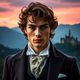 A handsome man wearing an antique suit with curly brown hair and green eyes, looking straight ahead