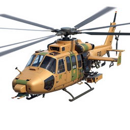 Create a detailed image of a cost-effective, multi-role helicopter inspired by the Huey, featuring counter-rotating blades