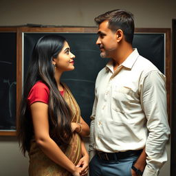 A 20-year-old handsome, slightly muscular Indian college boy and a 35-year-old beautiful and pretty, but mature Indian teacher are standing inside a dark school storeroom next to a blackboard