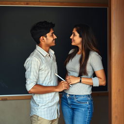 A 20-year-old handsome, slightly muscular Indian college boy and a 35-year-old beautiful and pretty, but mature Indian teacher are standing inside a dark school storeroom next to a blackboard