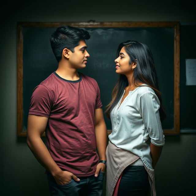 A 20-year-old handsome, slightly muscular Indian college boy and a 35-year-old beautiful and pretty, but mature Indian teacher are standing inside a dark school storeroom next to a blackboard