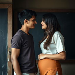 A 20-year-old handsome, slightly muscular Indian college boy and a 35-year-old beautiful and pretty, but mature Indian teacher are standing inside a dark school storeroom next to a blackboard