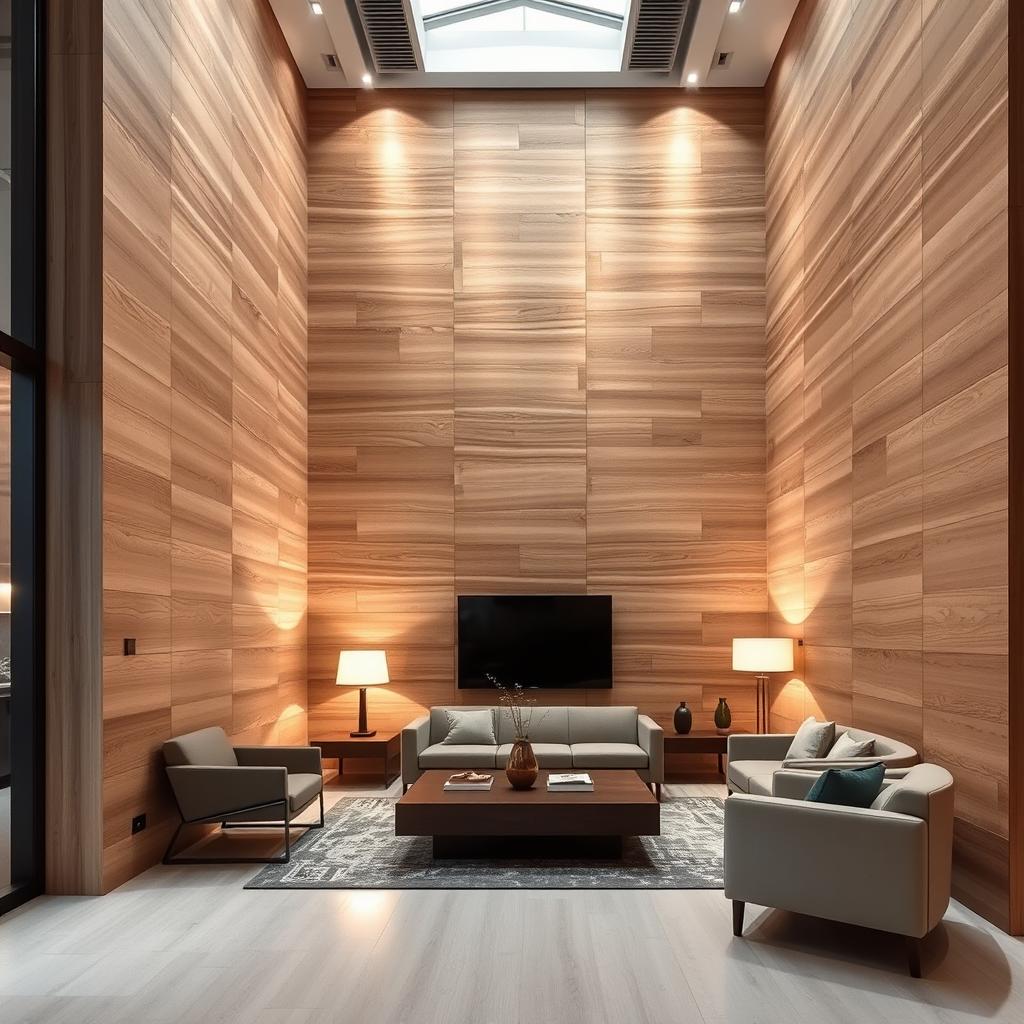 A modernized interior design featuring wood-like panels
