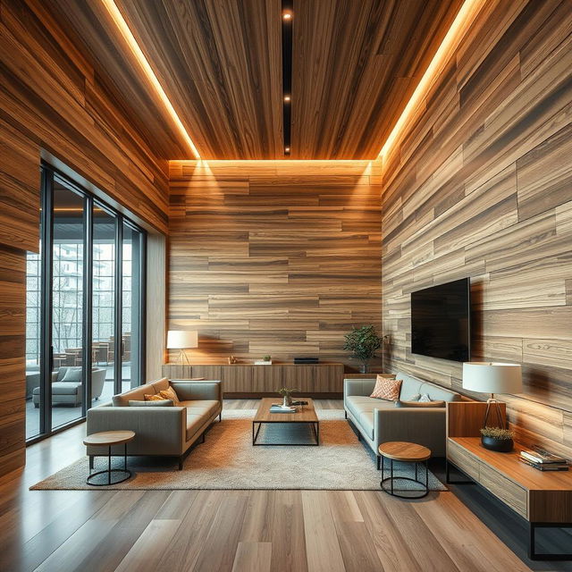 A modernized interior design featuring wood-like panels