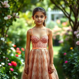 A young girl wearing a beautiful bra dress, standing in a serene garden