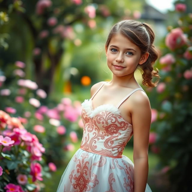 A young girl wearing a beautiful bra dress, standing in a serene garden