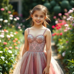 A young girl wearing a beautiful bra dress, standing in a serene garden